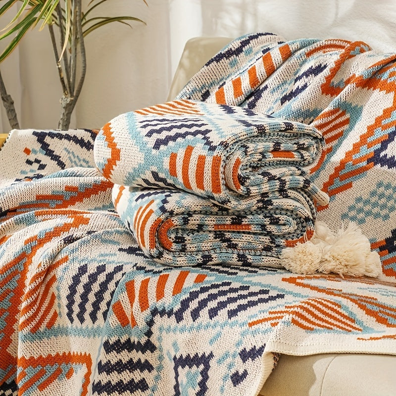 Bohemian Blanket with Geometric Pattern and Tassel - Ideal for Nap Time, as a Sofa Throw, or to keep you cozy while using the Air Conditioning