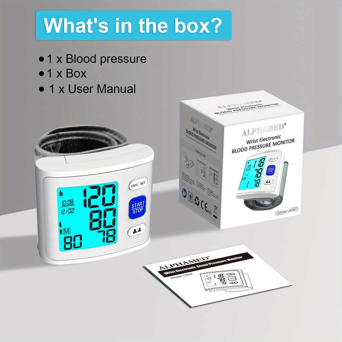 The ALPHAMED U60K Digital Wrist Blood Pressure Monitor is a sleek white and gray device with 2x90 readings. It is battery-powered with a start/stop function and includes a protective case.