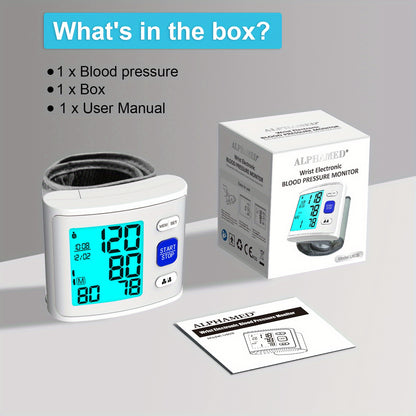 The ALPHAMED U60K Digital Wrist Blood Pressure Monitor is a sleek white and gray device with 2x90 readings. It is battery-powered with a start/stop function and includes a protective case.