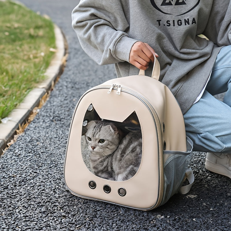 Portable cat backpack carrier with water-resistant material, breathable design and zip closure. Features comfortable shoulder straps for cats and small dogs, perfect for outdoor adventures.