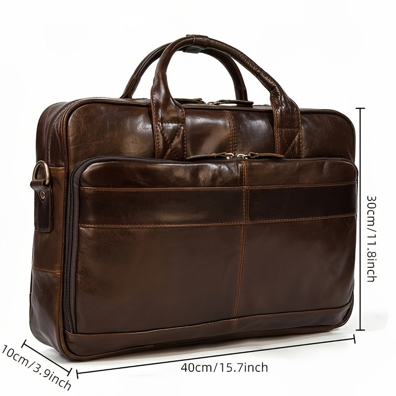 Men's genuine leather briefcase with laptop compartment, adjustable shoulder strap, zipper closure, and polyester lining for office and daily commute.