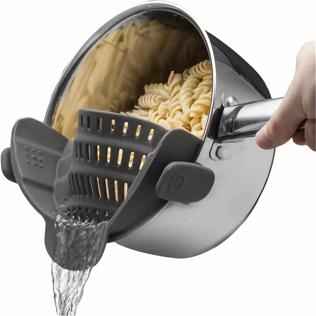 Adjustable clip-on strainer for pots and pans, made of plastic. Perfect for straining pasta, meat, vegetables, and fruit. An essential kitchen colander accessory.