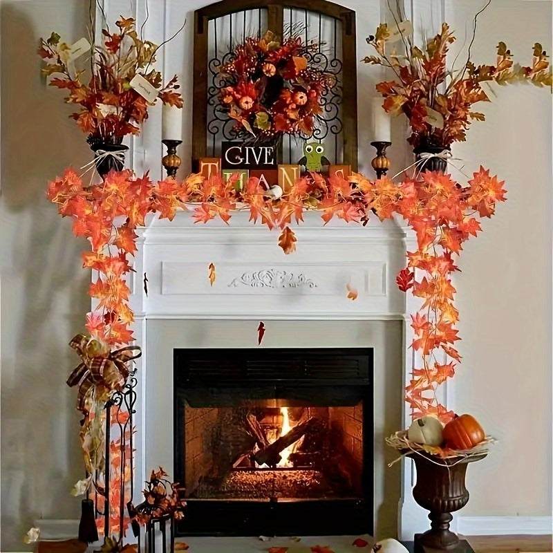 Celebrate the season with our stunning Festive Autumn Leaf Wreath, featuring vibrant artificial maple and red ivy garland. This silk hanging vine is perfect for decorating your home, wedding, garden, fireplace mantel, and outdoor spaces. It's ideal for