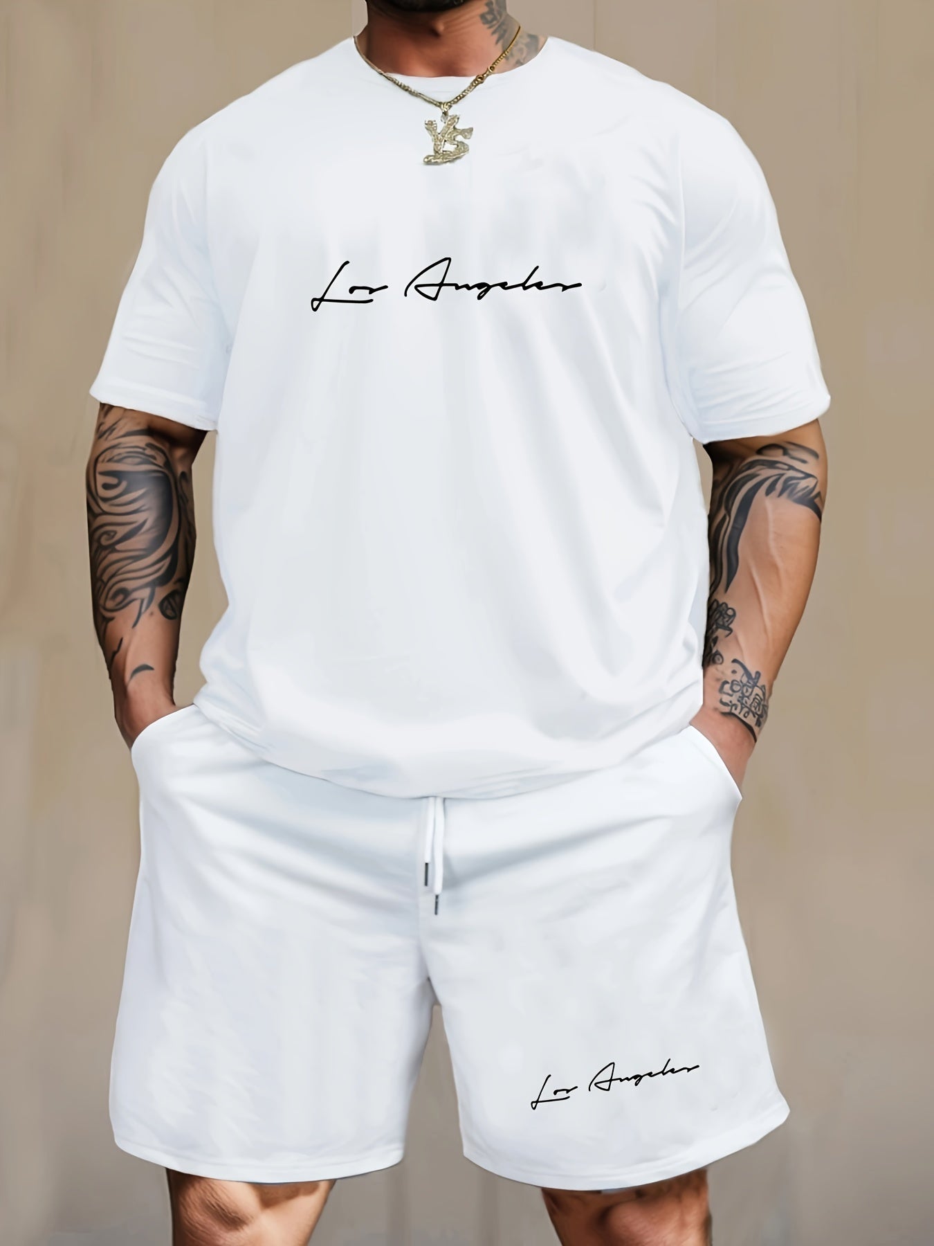 Casual 2pcs set for men, featuring Los Angeles print on a short sleeve crew neck t-shirt and knee-length shorts. Made with a comfortable blend of polyester and spandex, suitable for