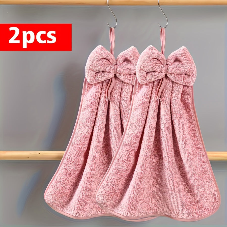 2 Bowknot Hanging Towels - Soft, Quick-Dry Coral Fleece with Loop for Kitchen & Bathroom - Ideal for Cleaning & Drying