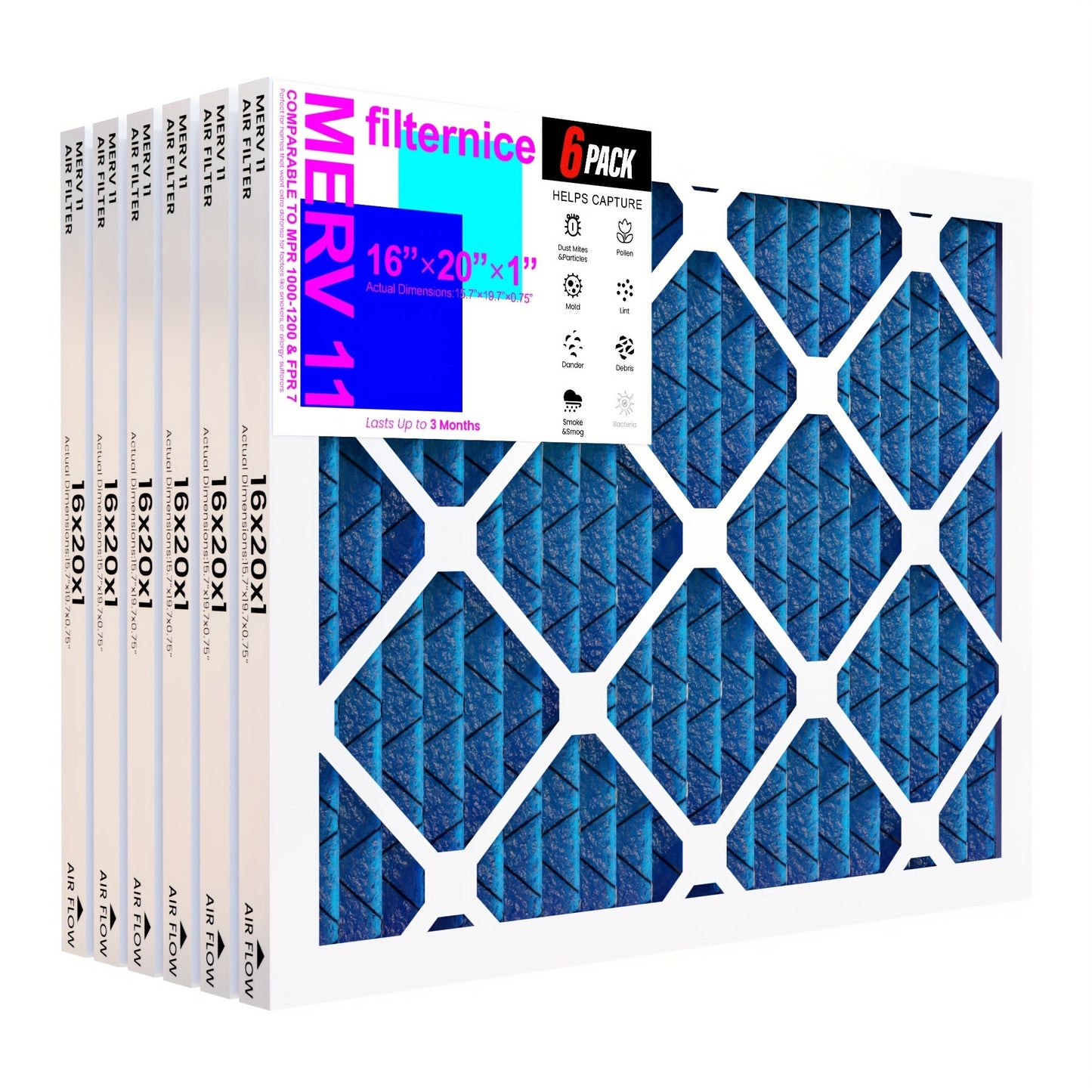 Six-Pack of 40.64x50.8x2.54 cm Electrostatic Pleated Air Filters for HVAC AC and Furnace, available in MERV8, MERV11, and MERV13. Essential Air Conditioner Accessories