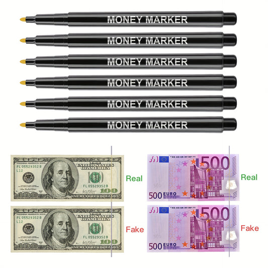 Non-electric counterfeit money marker pens with fading ink, available in 1/2/3 pack. Ideal for verifying multi-currency authenticity without batteries.