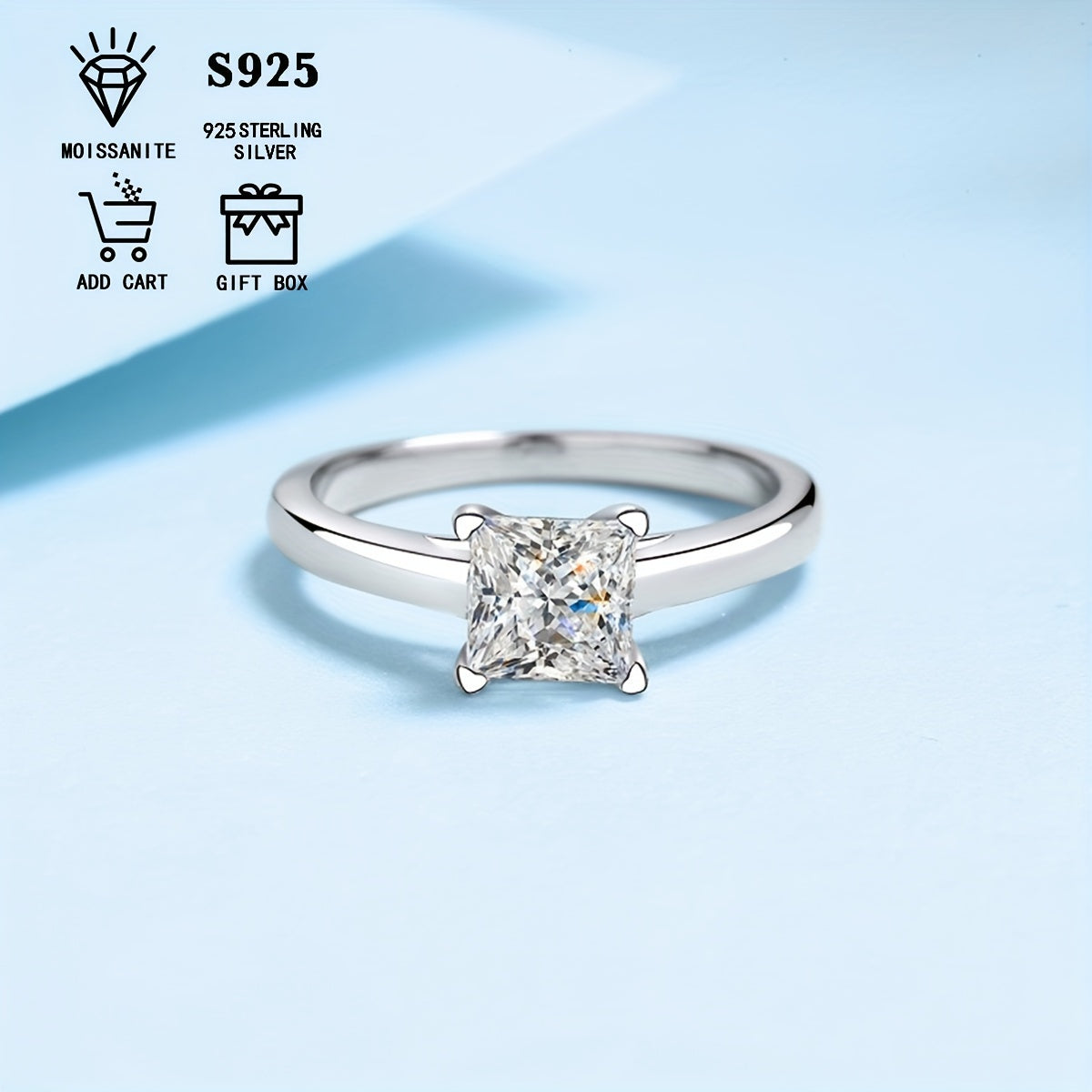 1 carat/2 carat/3 carat Elegant Bohemian Square Moissanite Princess Cut Ring for Women, made of 925 Sterling Silver, Hypoallergenic, Comes with Certificate and Gift Box, Ideal for Daily Wear, Anniversary, Wedding, and Valentine's Day Gift