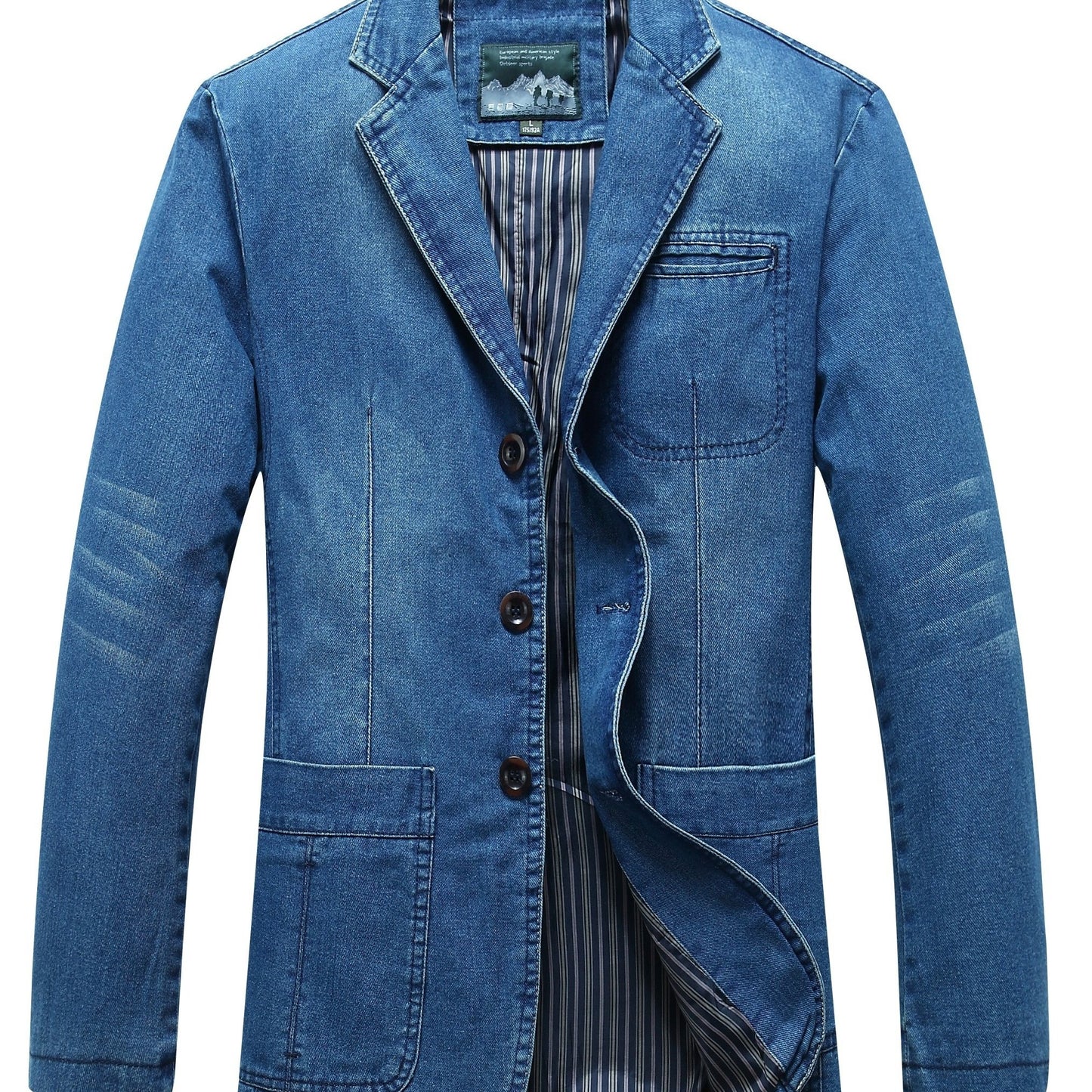 Men's Casual Denim Blazer with Long Sleeve, Button Closure, Flap Pockets, Striped Collar, Water-Resistant, Loose Fit for Spring/Fall.