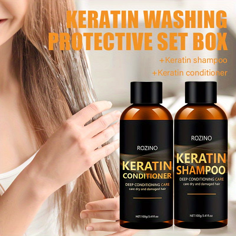 ROZINO Keratin Shampoo and Conditioner Set: Deeply conditions and cleans dry hair, unisex, glycerin-enriched for smooth, silky finish with long-lasting hydration and scent.