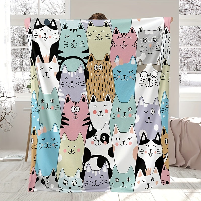 Soft and warm 1pc Cozy Cartoon Cat & Animal Letter Print Flannel Blanket made of high-weight polyester. Handwash only. Provides all-season comfort in vibrant mixed colors.