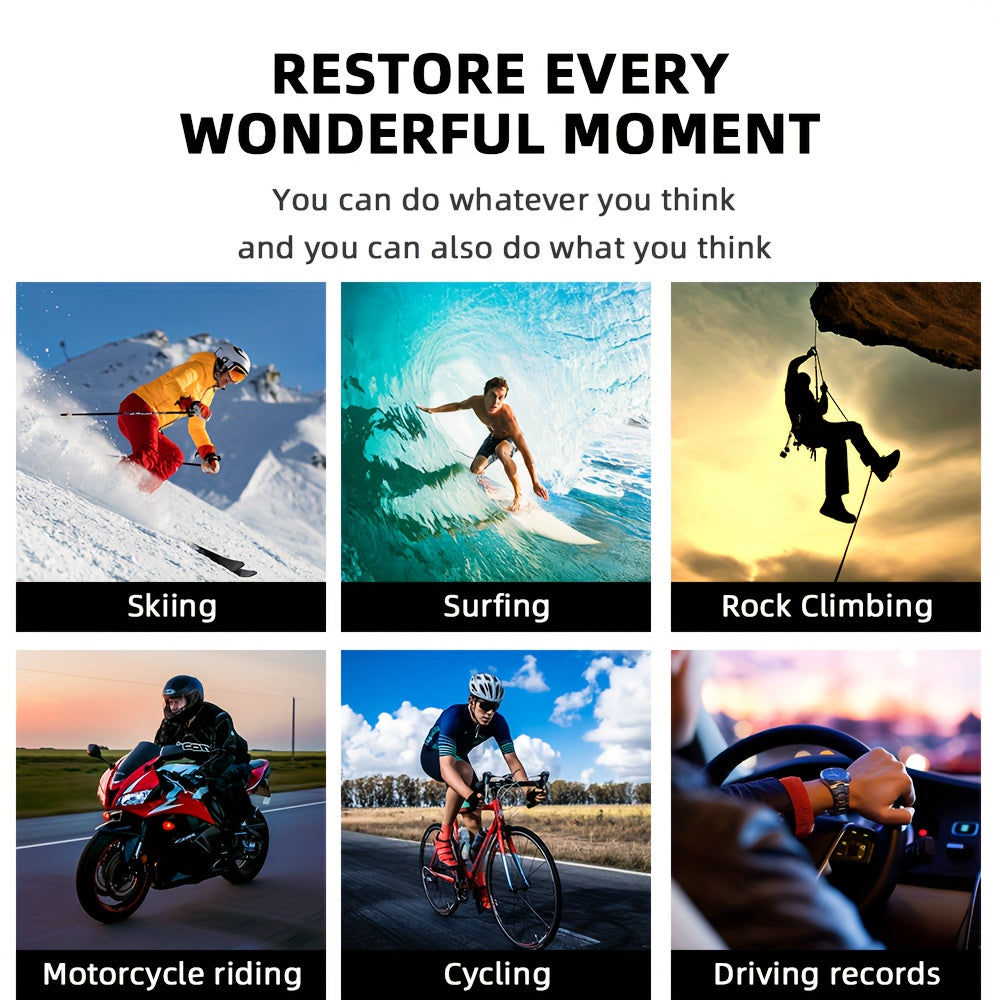 High-definition outdoor sports camera for diving, climbing, aerial videos, and on-board use on motorcycles and bicycles, as well as underwater recording.