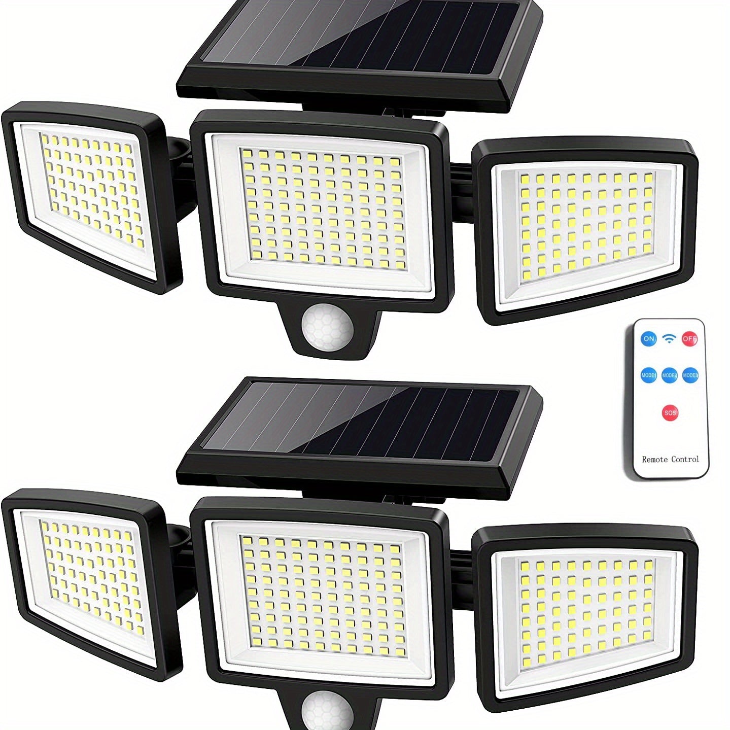 Triple head solar street light with 210 LEDs and 3 lighting modes, great for outdoor areas.