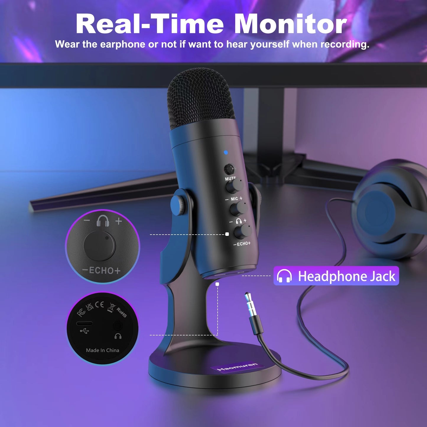 USB condenser microphone with volume and gain control, clear sound for podcasting, gaming, and streaming. Compatible with PS4/5, Mac, and Windows. Includes cable, windscreen, stand, and