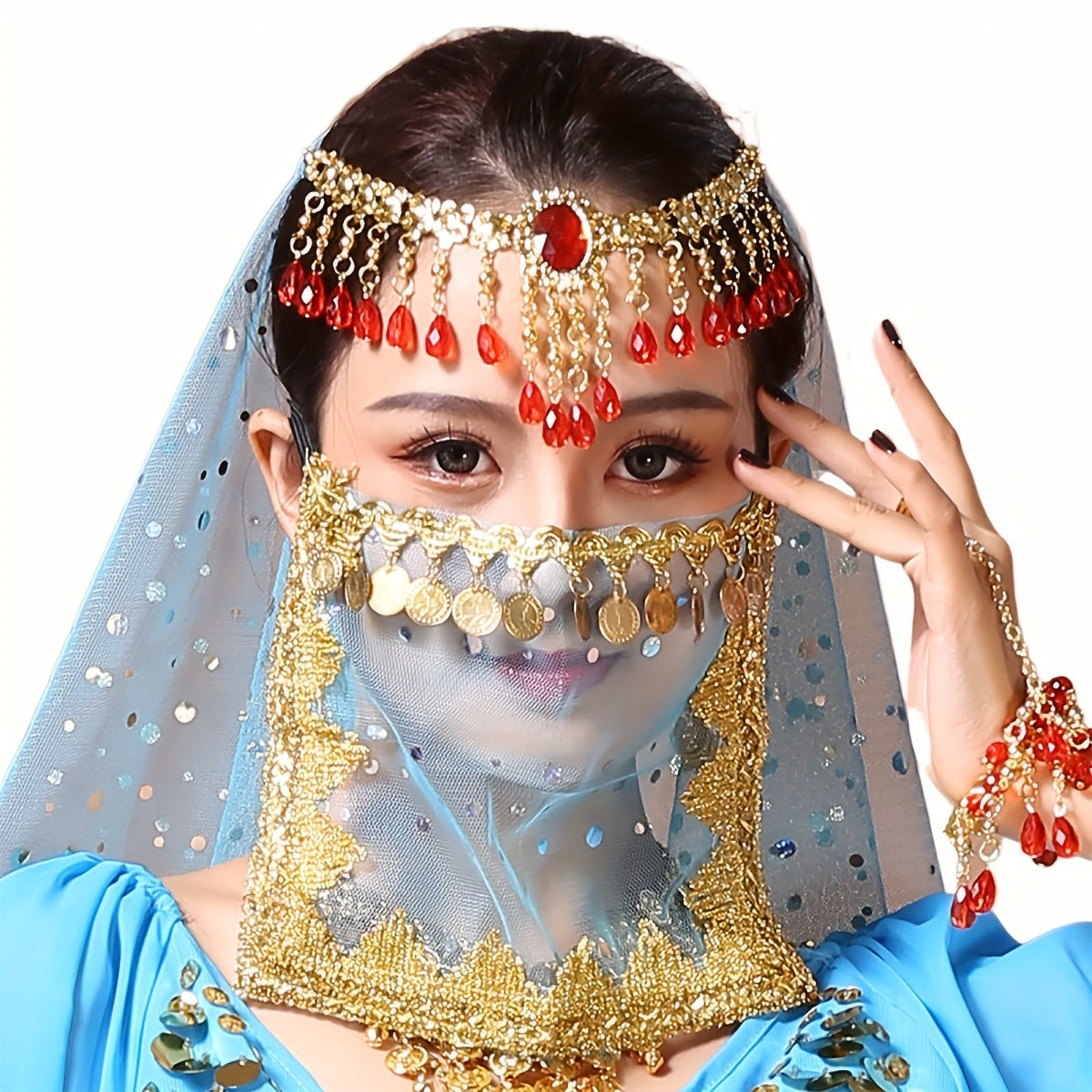 Women's Belly Dance Coin Face Covering Veil for Exotic Western Cosplay Dance Performance