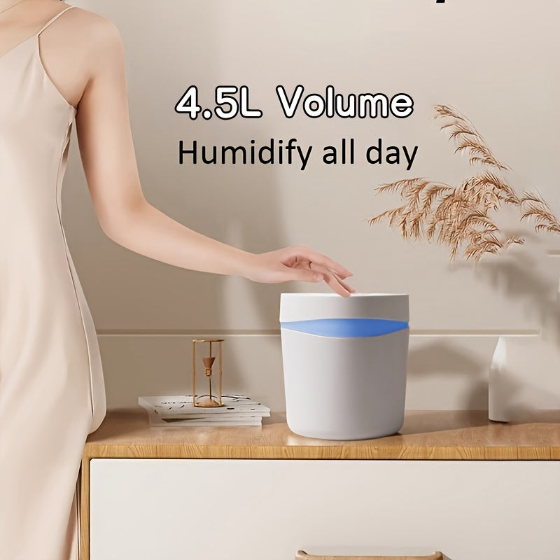 USB-powered 4.0L large capacity humidifier with cool mist. Quiet operation, doubles as aroma diffuser and humidifier with three mist outlets. Non-rechargeable, offers various mist settings