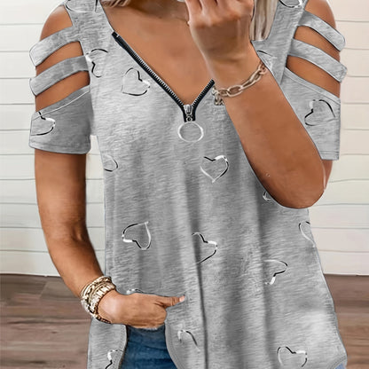 Plus size heart print zipper t-shirt for spring & summer. Casual cut-out short sleeve top for women's plus size clothing.