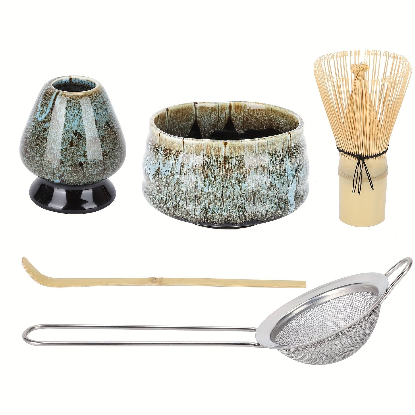 Complete Matcha Ceremony Set with 5 Kiln-Fired Blue Ceramic Tea Cups and Accessories - Includes Whisk, Scoop, Ladle, and Brush - Perfect for Holiday Gift Giving (Halloween, Christmas, Easter, Thanksgiving)