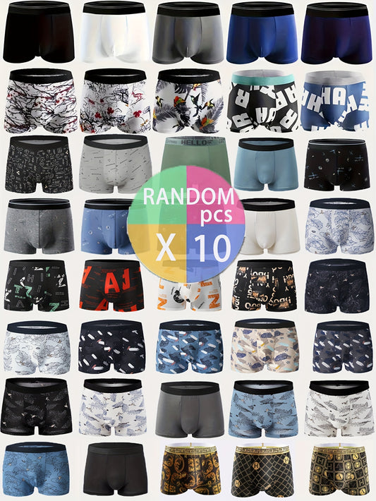 10-piece set of men's flat angle underwear with random prints, designed for comfort and breathability.