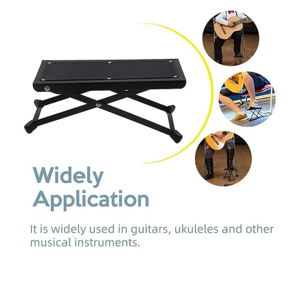 Guitar foot pedal and foot stool with 4 adjustable heights, durable metal construction, non-slip design. Ideal for musicians playing instruments or guitar at home or elsewhere.