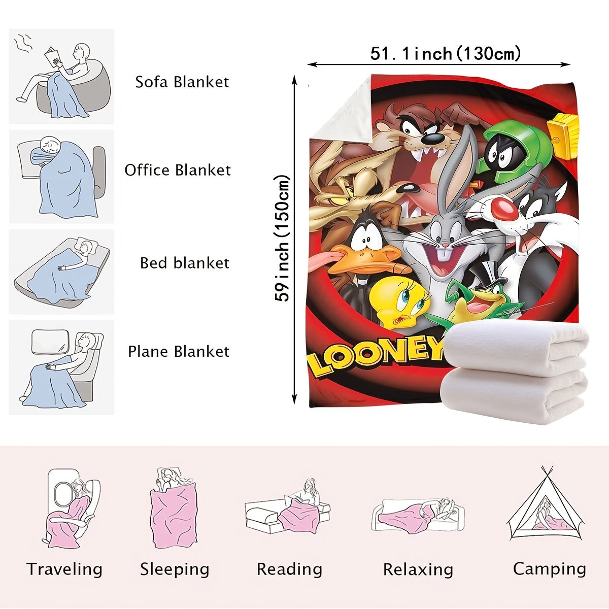 Looney Tunes Cartoon Characters Printed Polyester Knitted Blanket - Modern Design, Versatile Throw for Bedroom, Couch, Bed, Travel - High-Quality Digital Print, Lightweight 200-250gsm Blanket