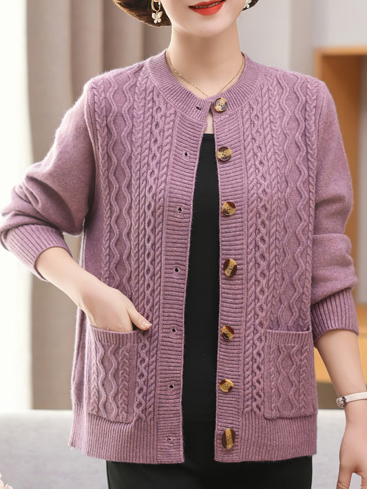 Women's cozy cable knit cardigan with button front, pocket, and long sleeves - perfect for all seasons