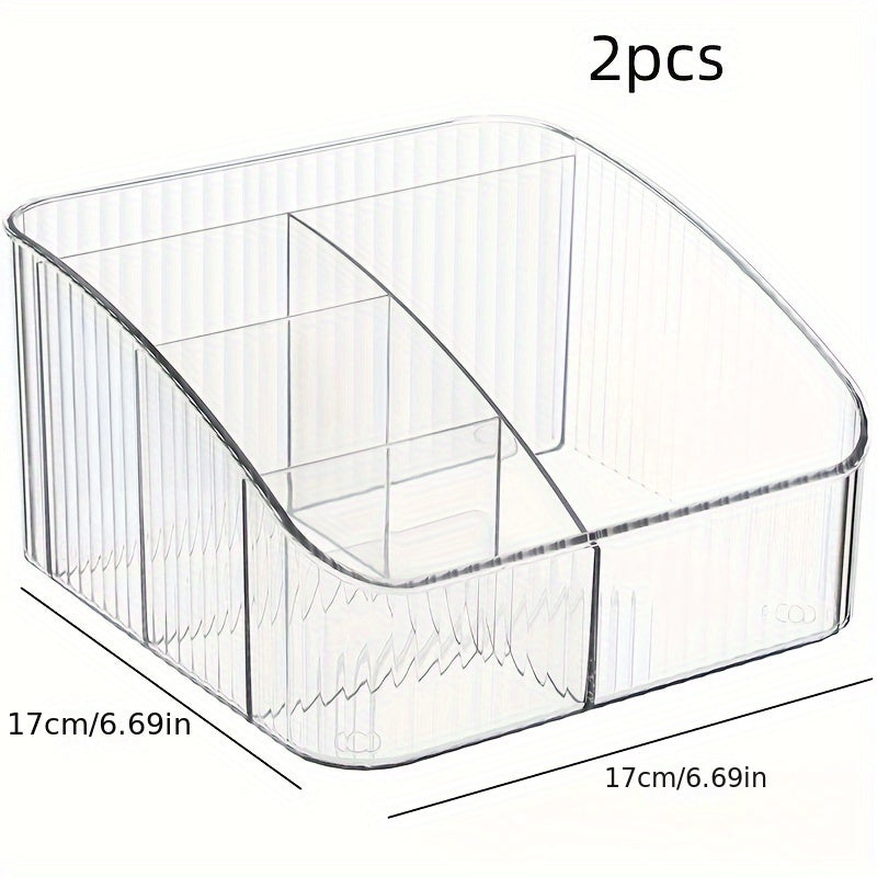 Transparent PET cosmetic organizer with 5 compartments. Ideal for makeup and office supplies. Portable, lightweight, and polished finish. Great desk accessory.