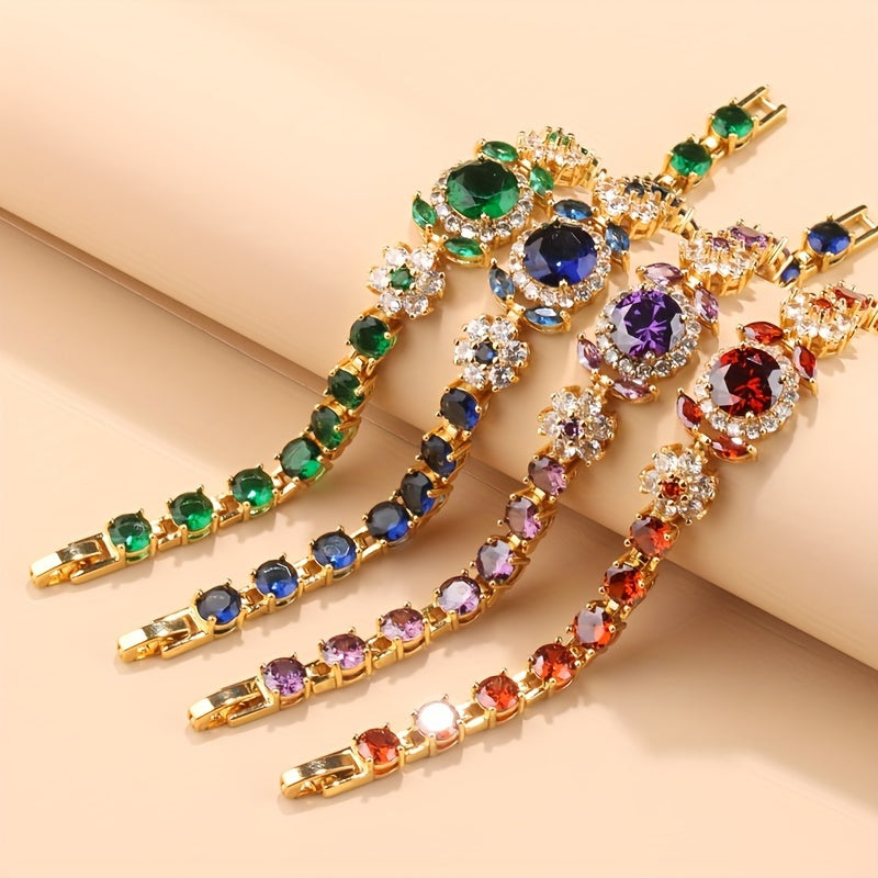 Elegant Vintage Women's Bracelet Set featuring Synthetic Stones, 18K Gold-Plated Copper Chain Link, High-Quality Zirconia Mosaic Detailing, Perfect for Weddings and Parties, Ideal Christmas Gift, Versatile Accessory - Single Piece