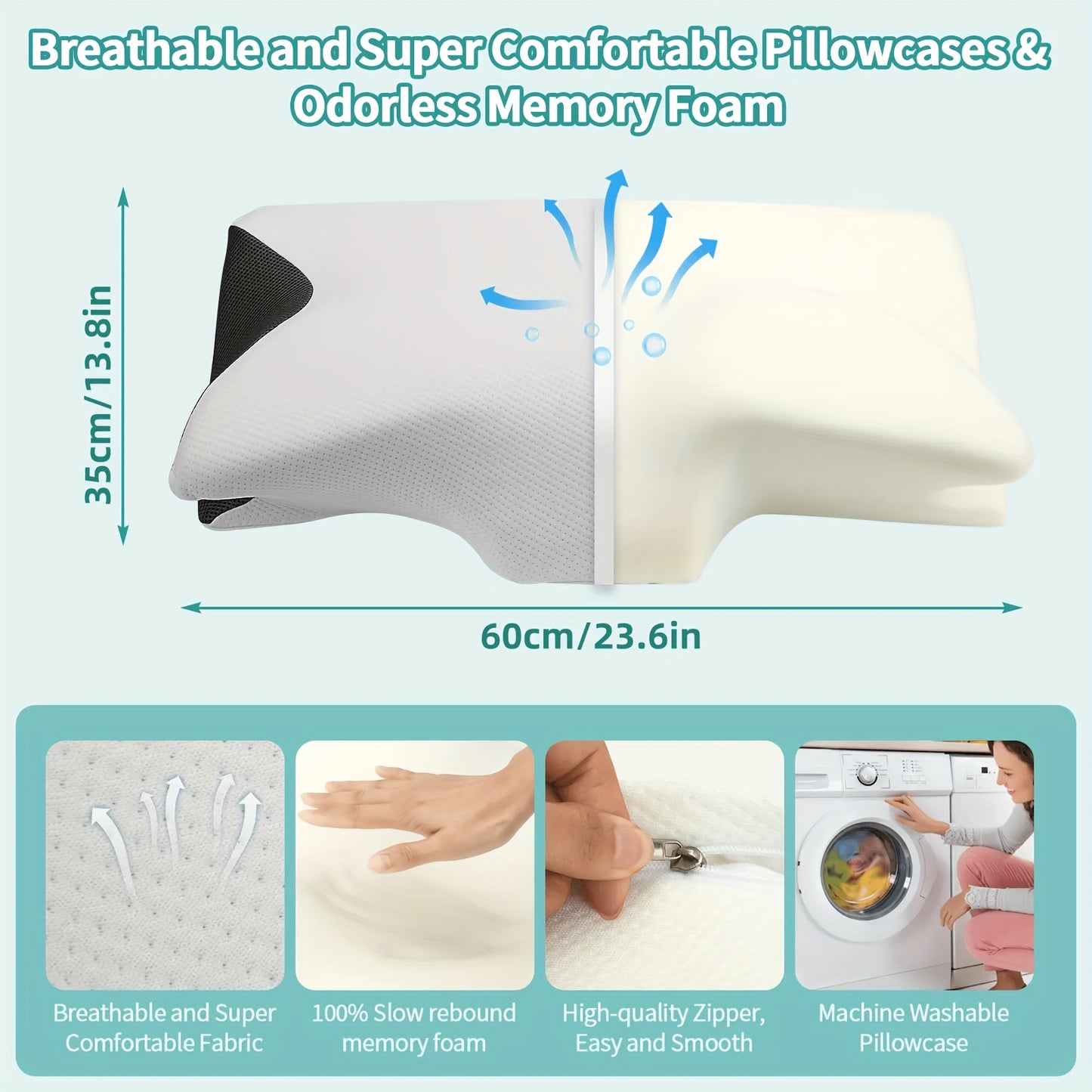 Memory foam cervical pillow with removable cover and arm rest design for all types of sleepers.