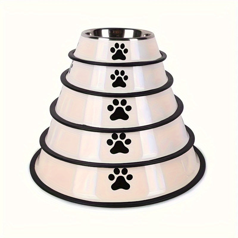 High-quality stainless steel pet bowl with non-slip base, easy to clean, ideal for dog and cat food or water, offered in three sizes.