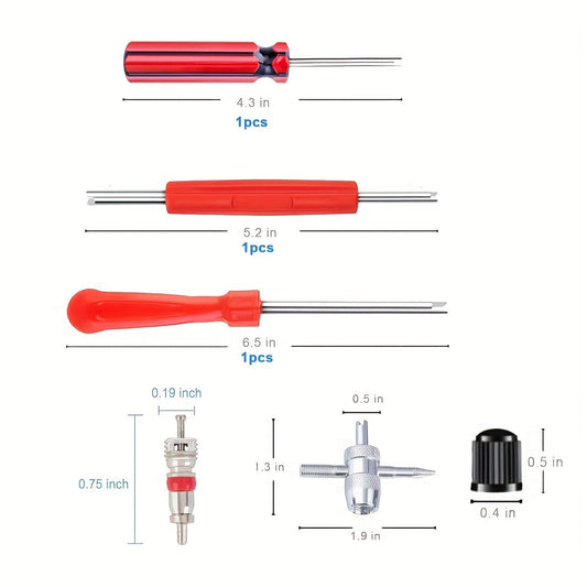 Valve Core Tool Kit with 64 Pieces, Made of Metal, Does Not Require Power, Ideal for Heating, Cooling, and Air Purification Appliances. Includes Dual-Head Valve Core Remover, 4-Way Brass Valve Stem Caps, and Stem Tool.