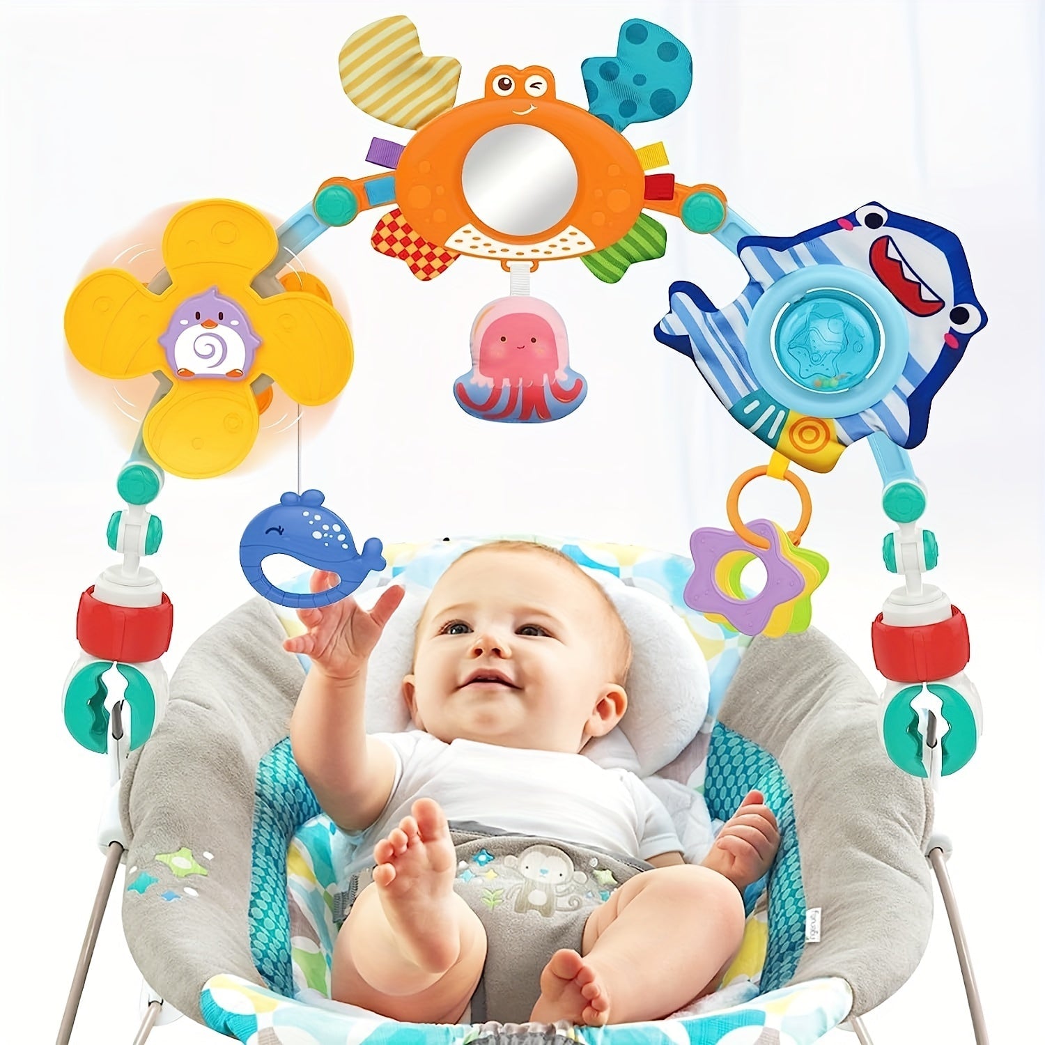 Adjustable Stroller Arch Carseat Toy for Infants: Sensory Travel Activity Toy for Babies 0-12 Months - Bouncer Crib Toy for Infants 0-24 Months