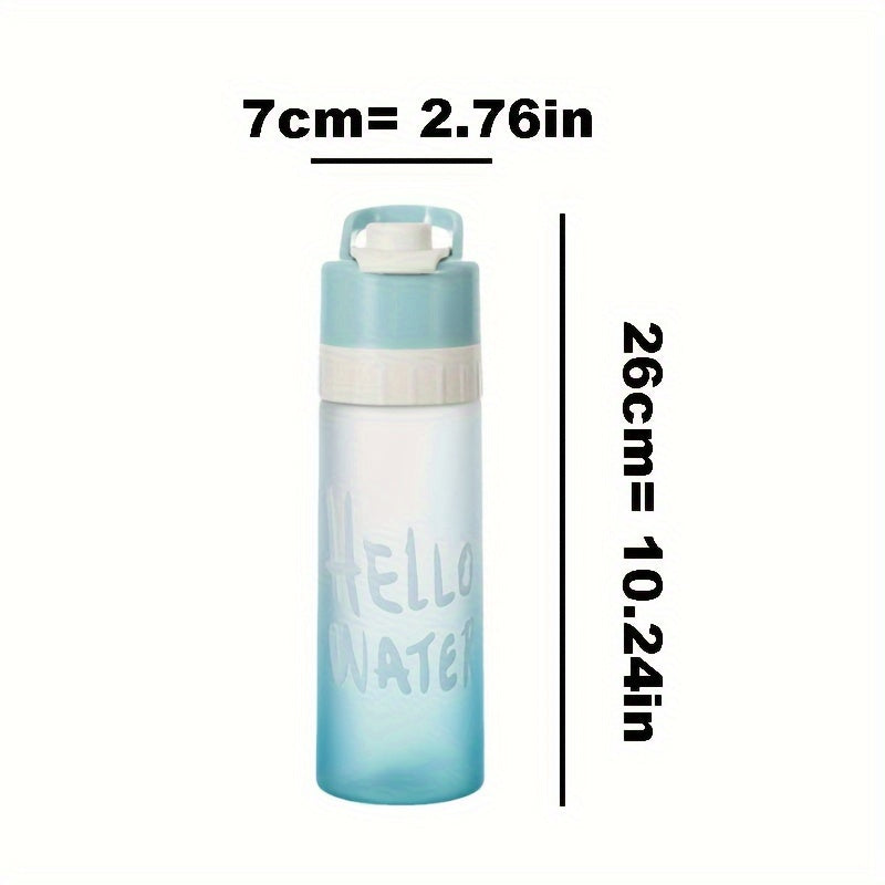 Large capacity gradient sports water bottle with spray function, made of durable PP, essential for summer cooling. Available in blue, green, or pink with "HELLO WATER" motif.