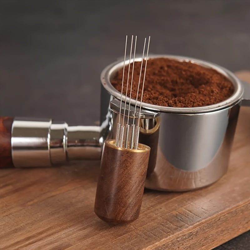 The Durable Portable Wooden Espresso Tamper is a 1pc Professional Multipurpose Manual Coffee Distributor Tool, perfect for Home, Party, and Café Use without the need for electricity.