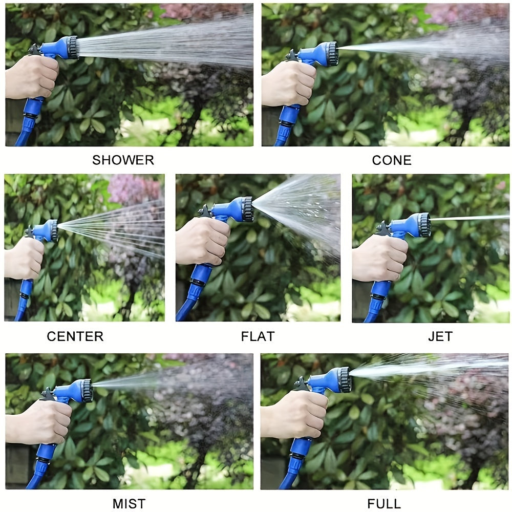 Expandable garden hose set with 7 spray modes and durable materials, suitable for all seasons, includes water gun, pipe, and connectors for outdoor lawn care.