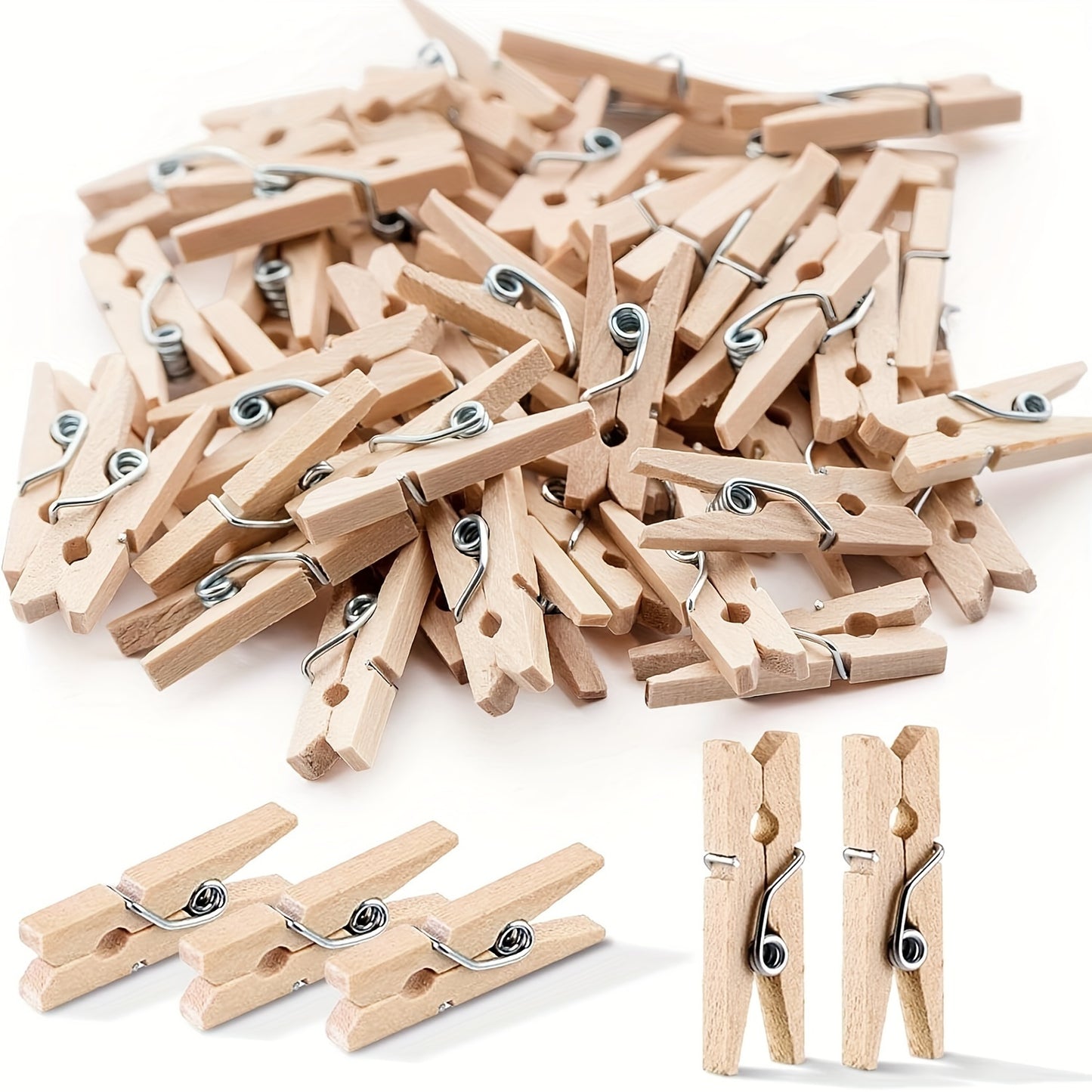 100 miniature wooden clothes pins for photos, crafts, arts, and cocktails.