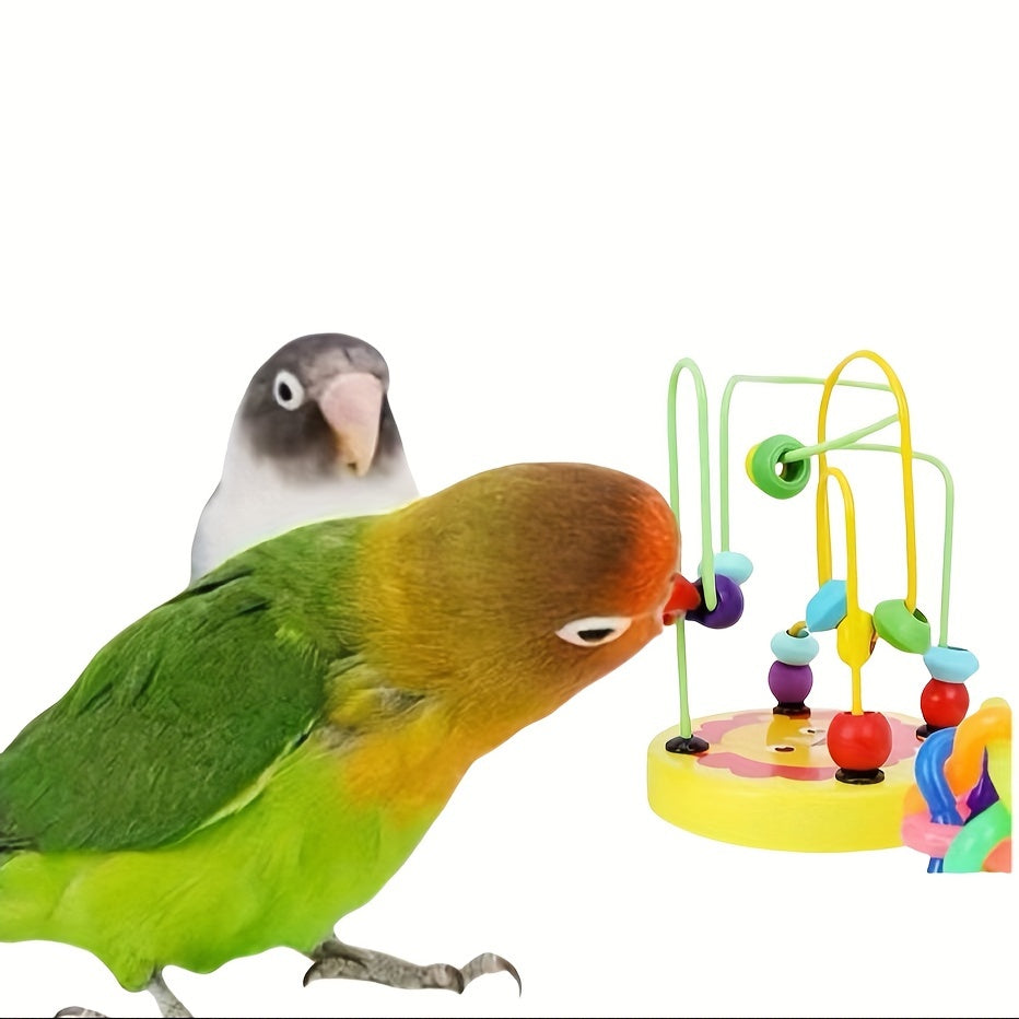 Colorful wooden parrot bead toy with music and interactive educational game for cognitive skills. Ideal for bird enthusiasts.