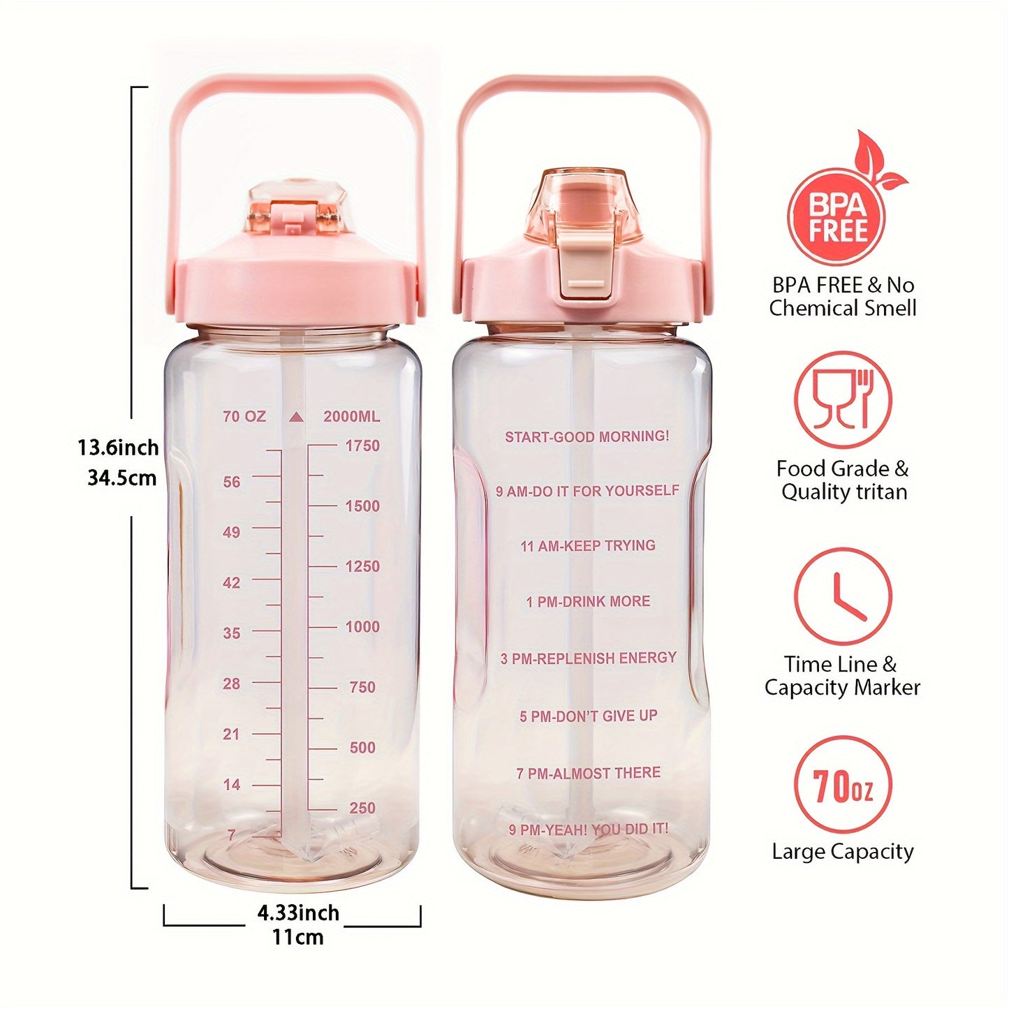 Water bottle with sleeve and straw, 70oz heavy duty leak-proof BPA-free sports bottle. Ideal for hydration, fitness, and gifts.