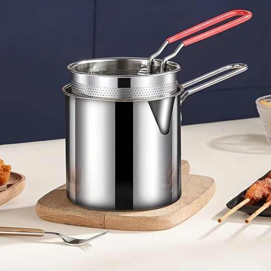 1.2L stainless-steel deep fryer pot with strainer basket and long handle.