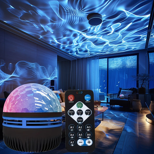 One Water Ripple LED Lamp with Remote Control, USB Powered, Black Plastic Body, Adjustable Lighting for Bedroom, Living Room, Game Room.