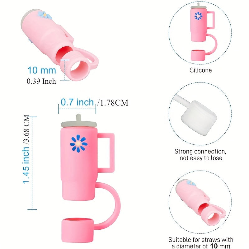 10 flower tumbler straw cover caps for Stanley cups made of silicone, compatible with 30oz and 40oz tumblers with handle. Covers have a 10mm (0.4in) straw tip.