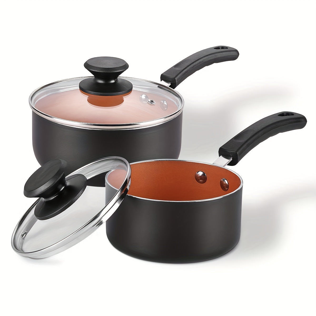 Set of four nonstick sauce pans with lids, includes 1 quart and 2 quart sizes. Features easy clean technology, pour spout, induction compatibility, and PFOA free materials in a stylish golden and black color combination.