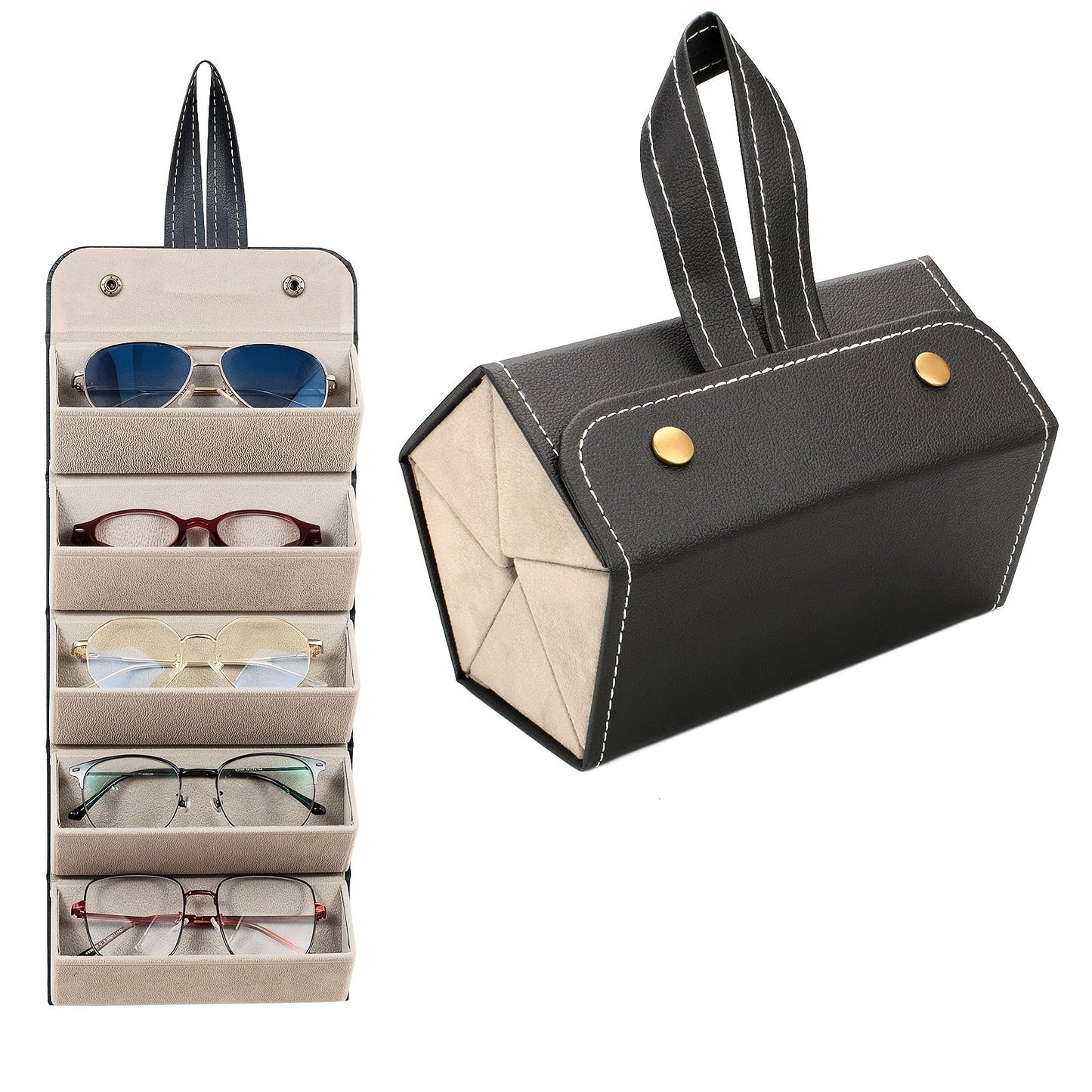 A compact storage solution for your glasses, this Portable Glasses Storage Box features 3/5 slots for organizing and displaying your eyewear. Perfect for travel, the folding design makes it easy to take along your sunglasses, while the PU leather