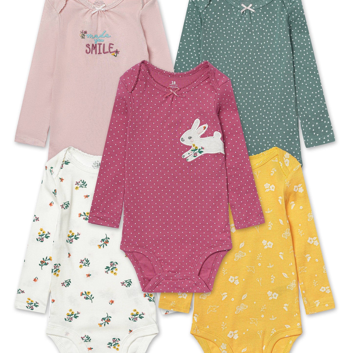 5 baby triangle bodysuits with cartoon pattern.