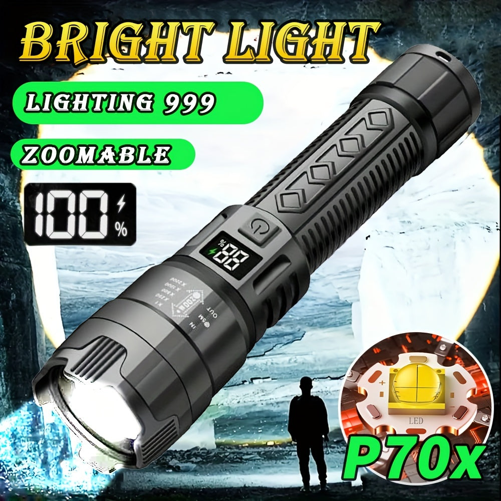 800mAh rechargeable P50 LED flashlight with zoom, USB charging, and polished metal finish - ideal for night activities like walks, fishing, and camping.