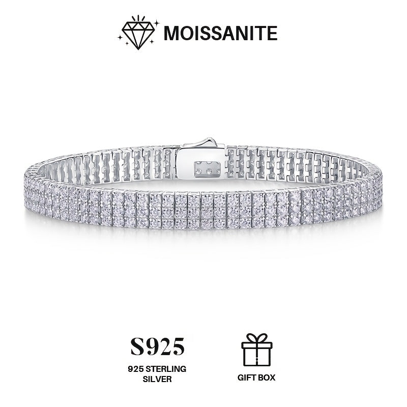 Luxurious Moissanite Tennis Bracelet in 925 Sterling Silver, Accented with 18K Gold Plated Tennis Chain, Suitable for Men and Women. This Hip-hop Inspired Couple Style is a Must-have Fashion Accessory. Perfect for Valentine's Day, Mother's Day, Weddings