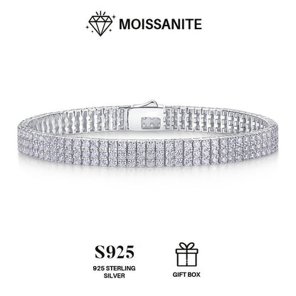 Luxurious Moissanite Tennis Bracelet in 925 Sterling Silver, Accented with 18K Gold Plated Tennis Chain, Suitable for Men and Women. This Hip-hop Inspired Couple Style is a Must-have Fashion Accessory. Perfect for Valentine's Day, Mother's Day, Weddings