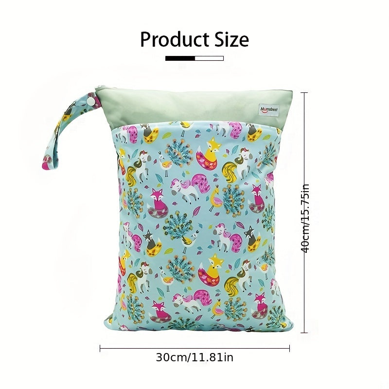 A versatile wet/dry bag that is waterproof and reusable, perfect for storing cloth diapers and breast pump parts. Features two zippered pockets, a convenient handle, and can be used as a beach, pool, gym, or stroller bag. Also great for organizing