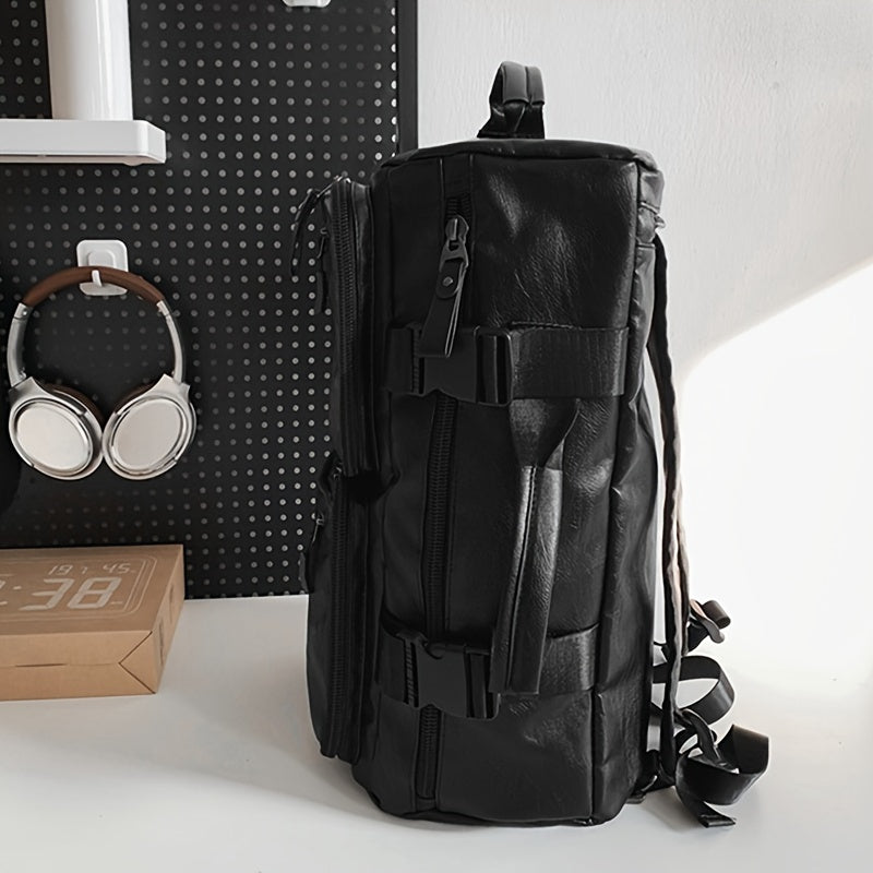 Spacious black backpack with tablet compartment, adjustable straps, and multiple pockets for men and women on the go - ideal for commuting, gym, business, or travel.