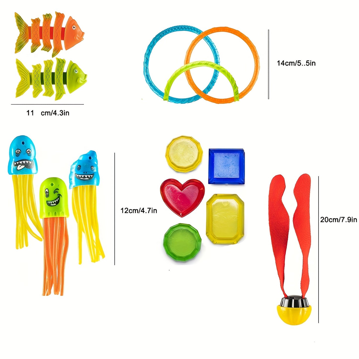 Children's diving pool toy set with underwater swim games includes PVC beach dive sticks, rings, and treasure toys. Perfect for toddlers and children at parties.